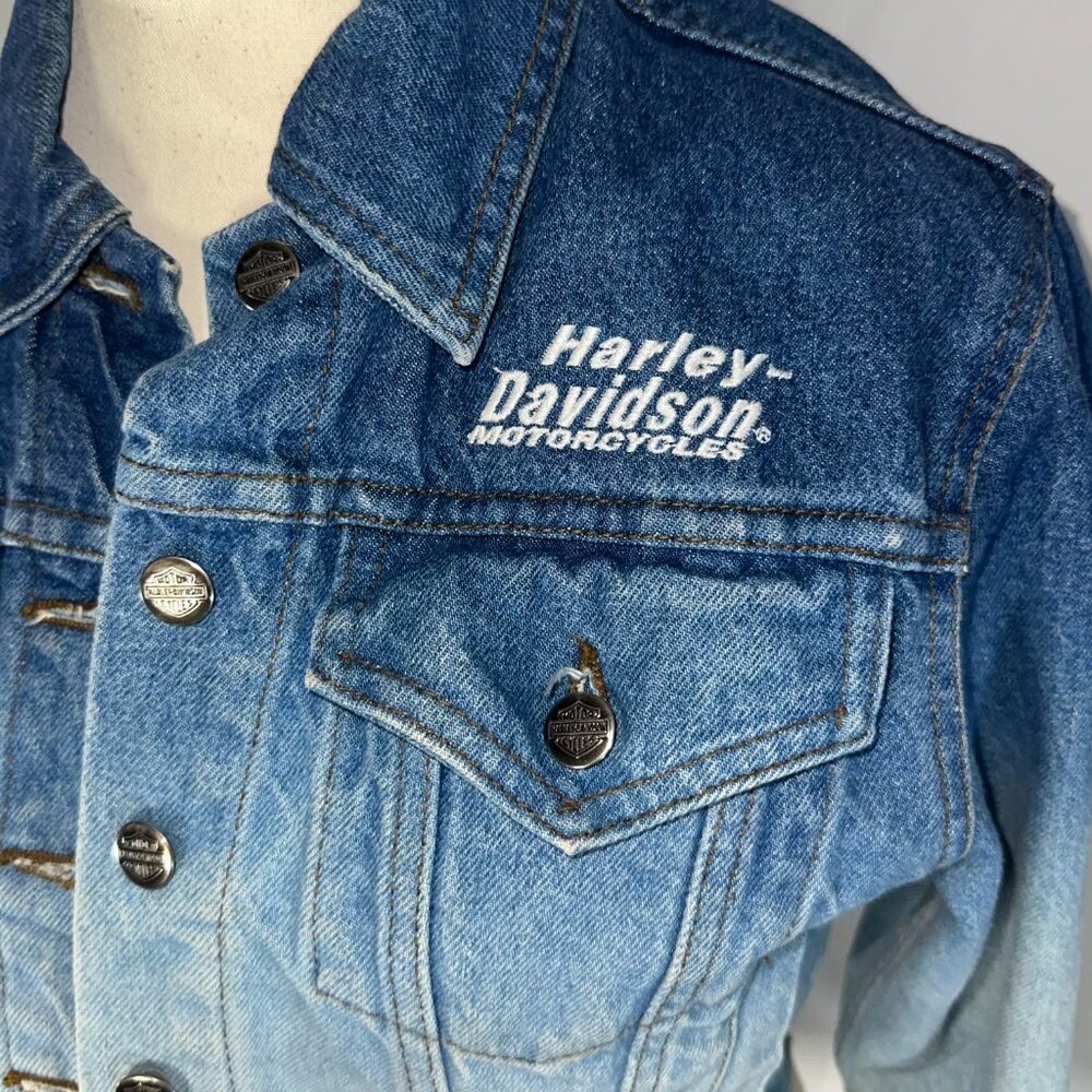 Harley Davidson Denim Cropped Ombré Jean Jacket XS Vintage Biker Motorcycle - Picture 2 of 14